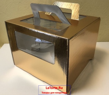 Коробка для торта 30х30х20 с окном и с ручками - золотая